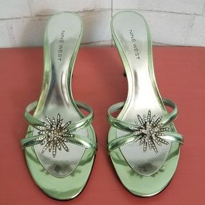 NINE WEST Heels Metallic Green Mules 👠Prom!💃🏻